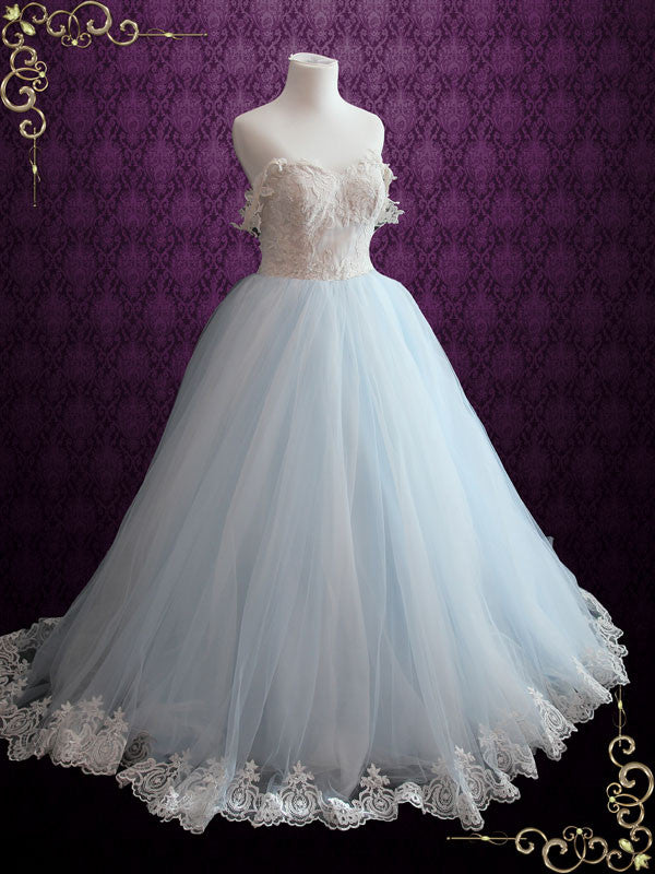 Light Blue Princess Wedding Dress With Lace Bodice and Tulle Ball Gown Skirt