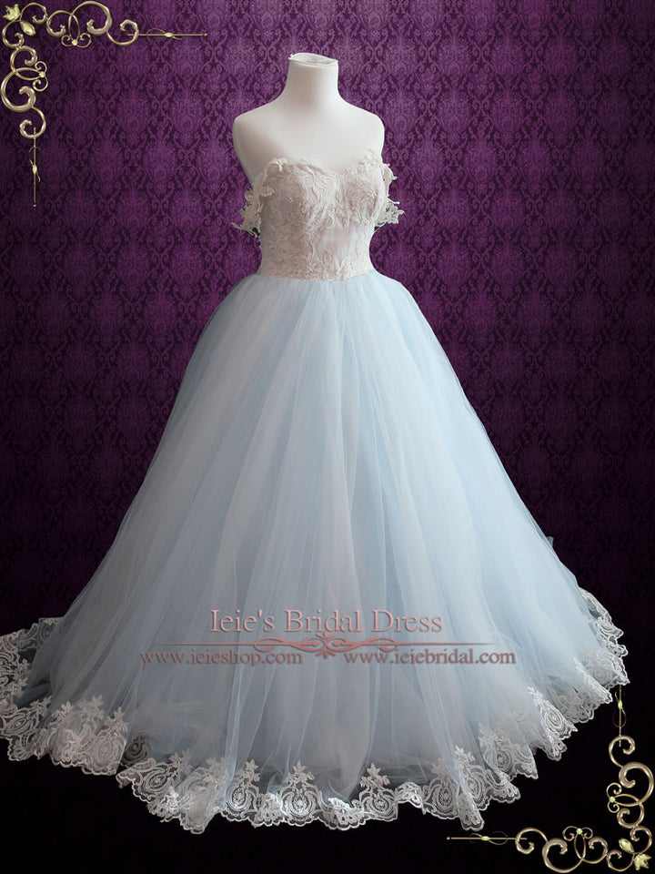 Light Blue Princess Wedding Dress With Lace Bodice and Tulle Ball Gown Skirt | Faith Size 8 / Blue Light Blue Princess Wedding Dress With Lace Bodice and Tulle Ball Gown Skirt | Faith Size 8 / Blue