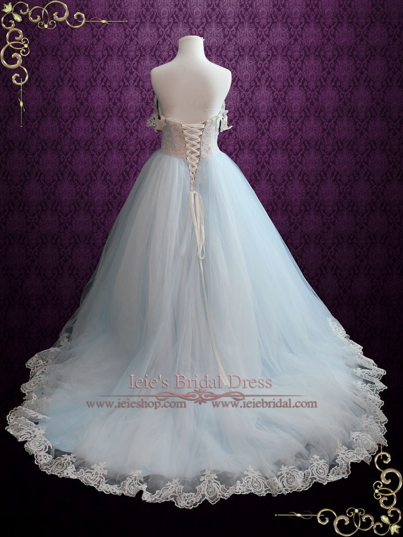 Light Blue Princess Wedding Dress With Lace Bodice and Tulle Ball Gown Skirt