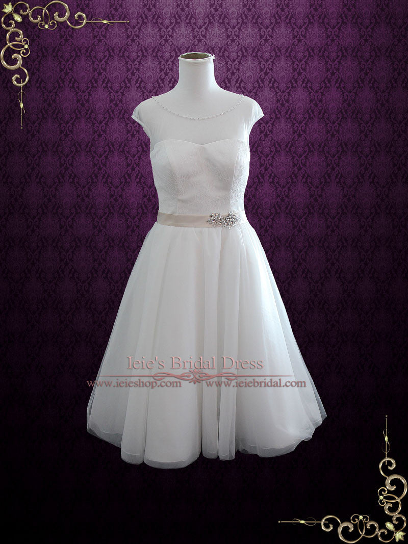 Vintage Inspired Tea Length Illusion Neck Tull Wedding Dress