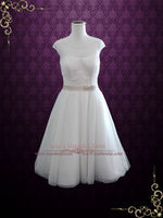 Vintage Inspired Tea Length Illusion Neck Tull Wedding Dress