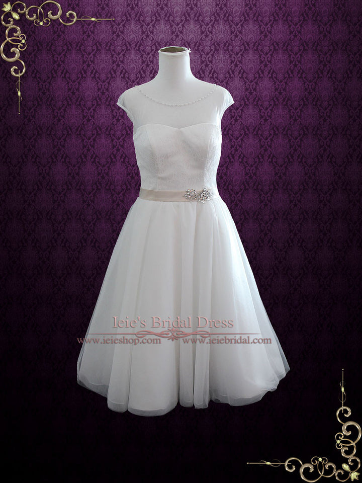 Vintage Inspired Tea Length Illusion Neck Tull Wedding Dress