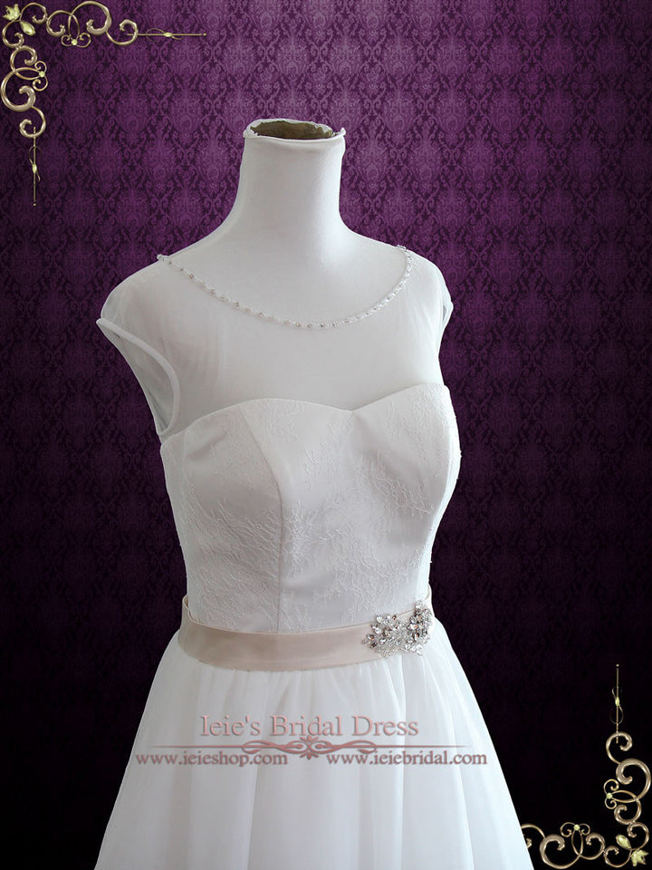 Vintage Inspired Tea Length Illusion Neck Tull Wedding Dress
