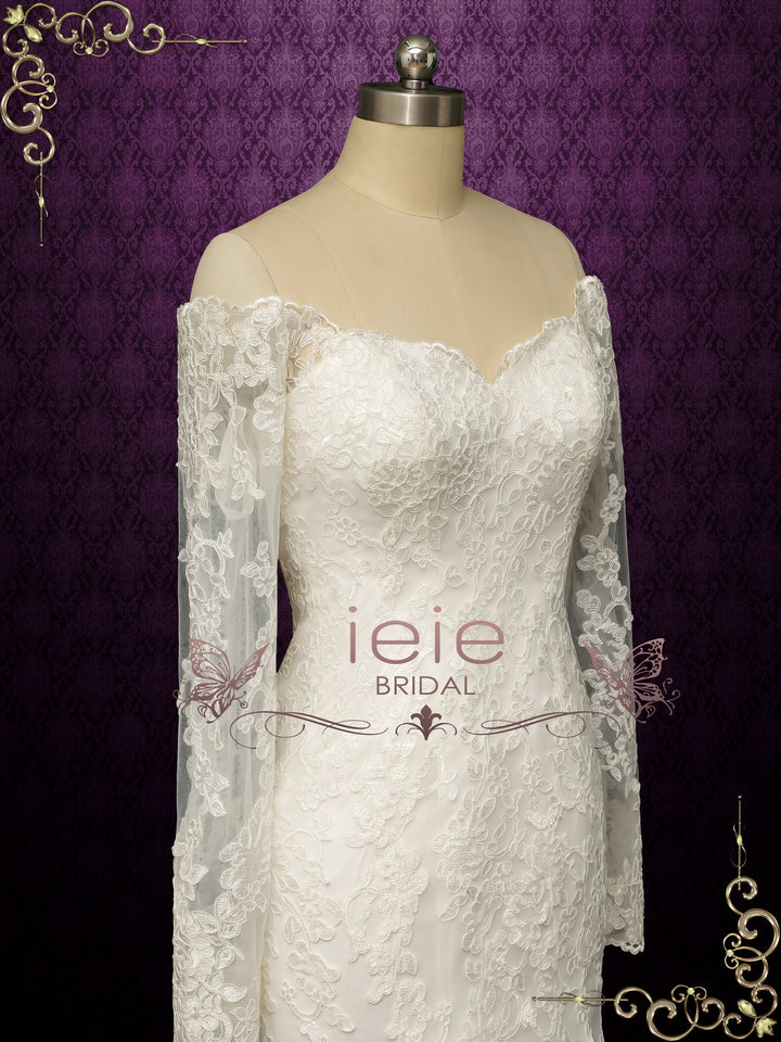Ivory Lace Mermaid Wedding Dress with Off Shoulder Sleeves MEG