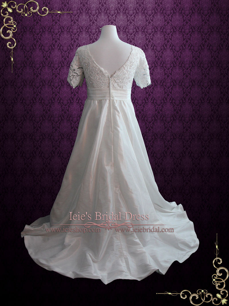 Vintage Style Plus Size Ivory Lace Wedding Dress with Sleeves and Side Pockets | Brenda