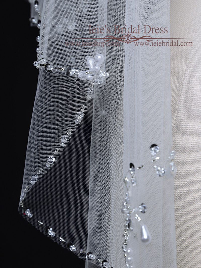 2 Tier Fingertip Bridal Veil with Sparkly Beadings on Edge VG1020