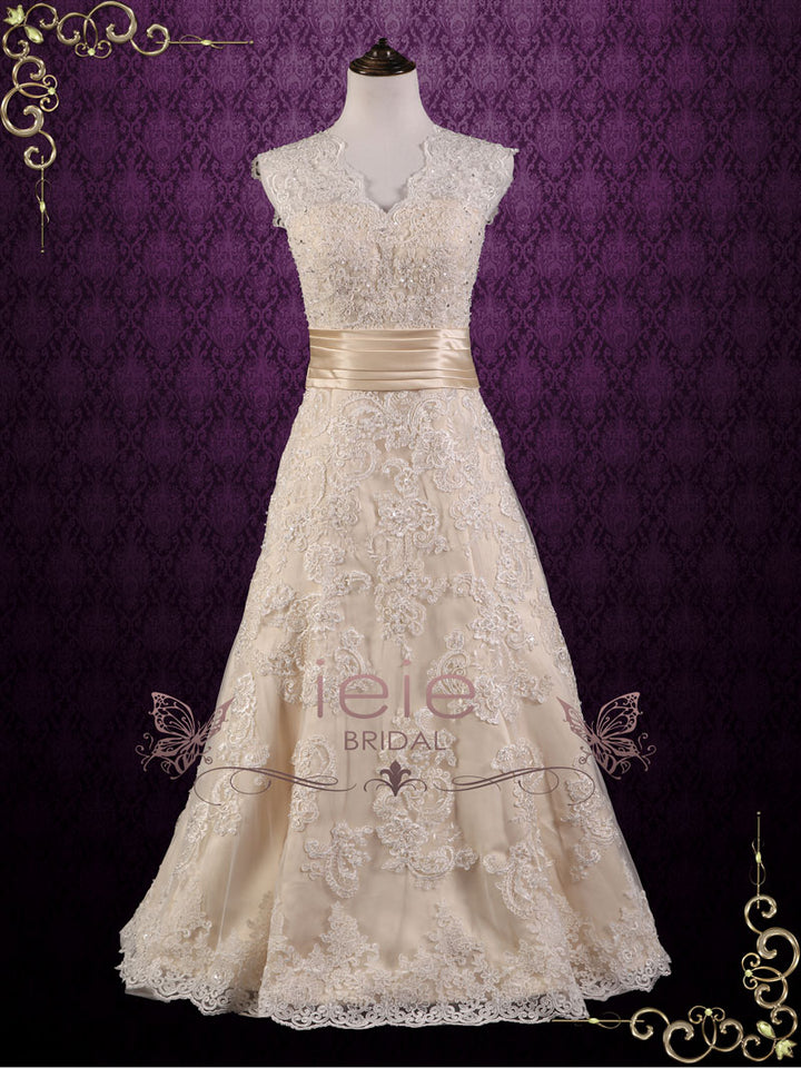 Vintage Style Lace Wedding Dress with V Neck RAYNIA