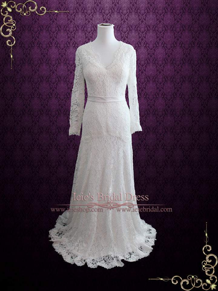 Slim A-line Lace Wedding Dress with Long Sleeves GABRIELLA Size 2 / Ivory Slim A-line Lace Wedding Dress with Long Sleeves GABRIELLA Size 2 / Ivory