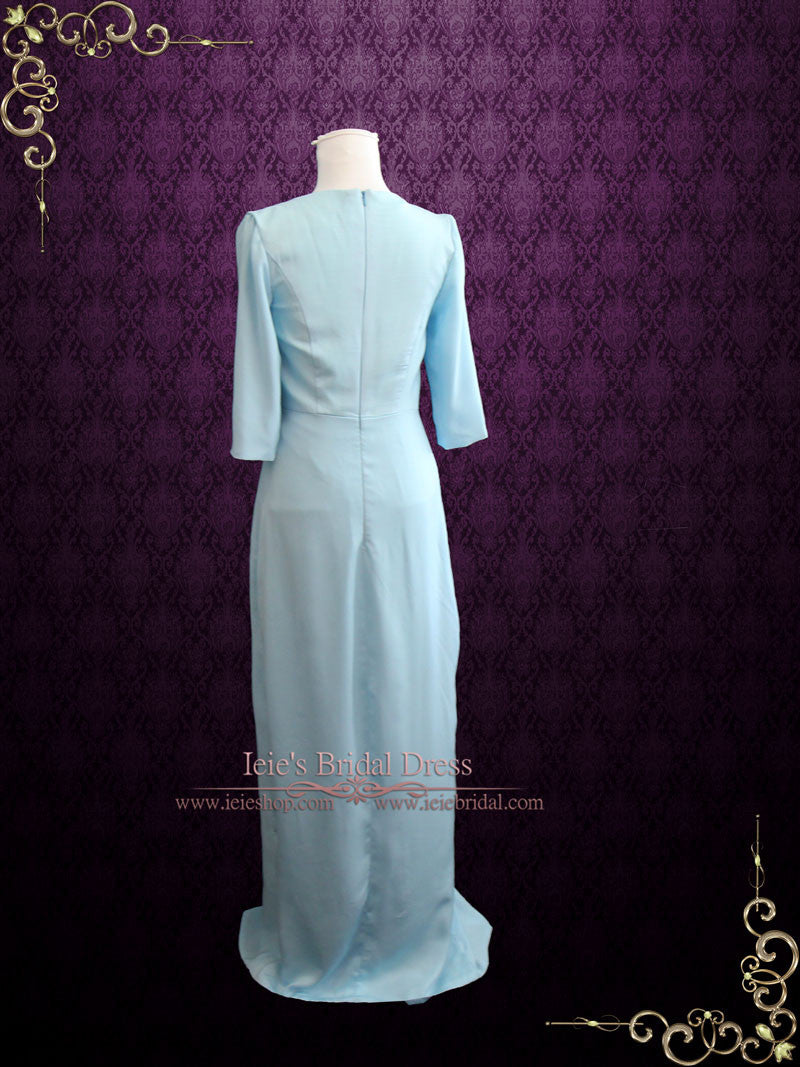 Powder Blue Formal Evening Prom Dress with Mid Sleeves