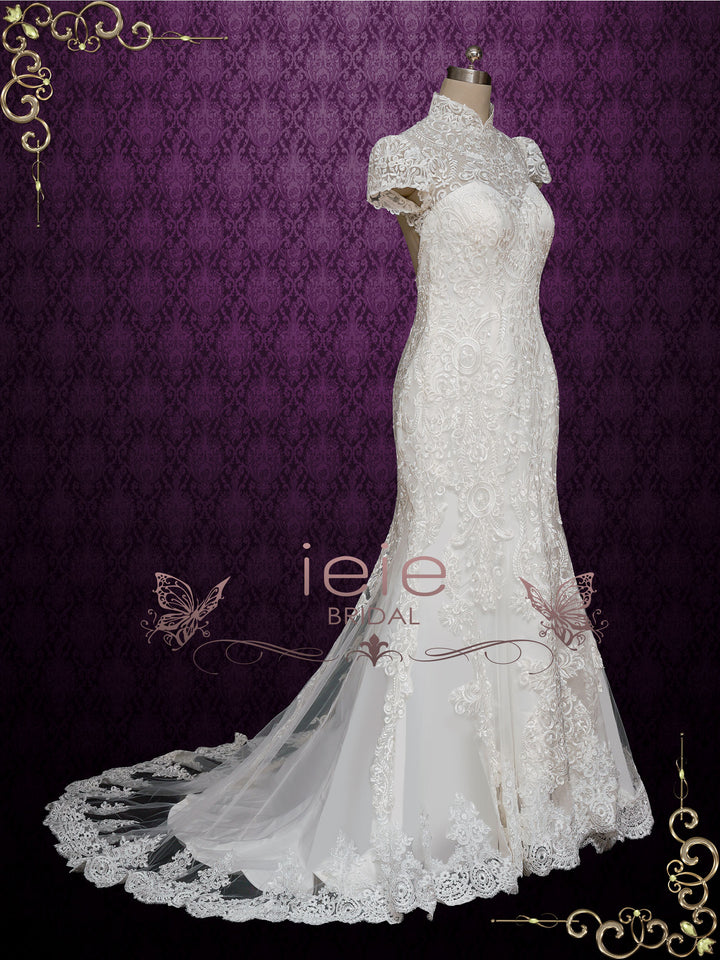 Lace Fit and Flare Wedding Dress with Mandarin Collar ANASTASIA