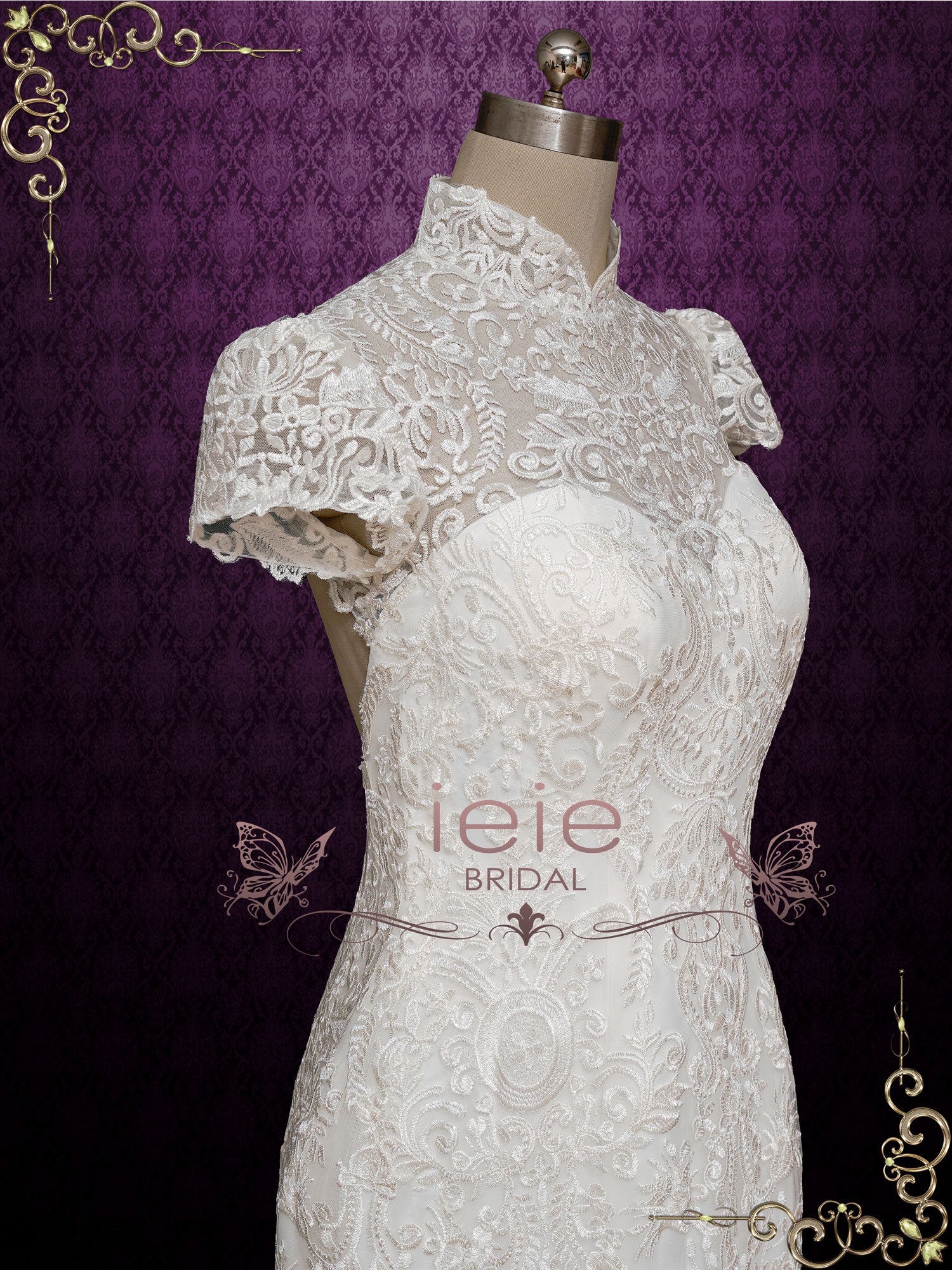 Lace Fit and Flare Wedding Dress with Mandarin Collar ANASTASIA