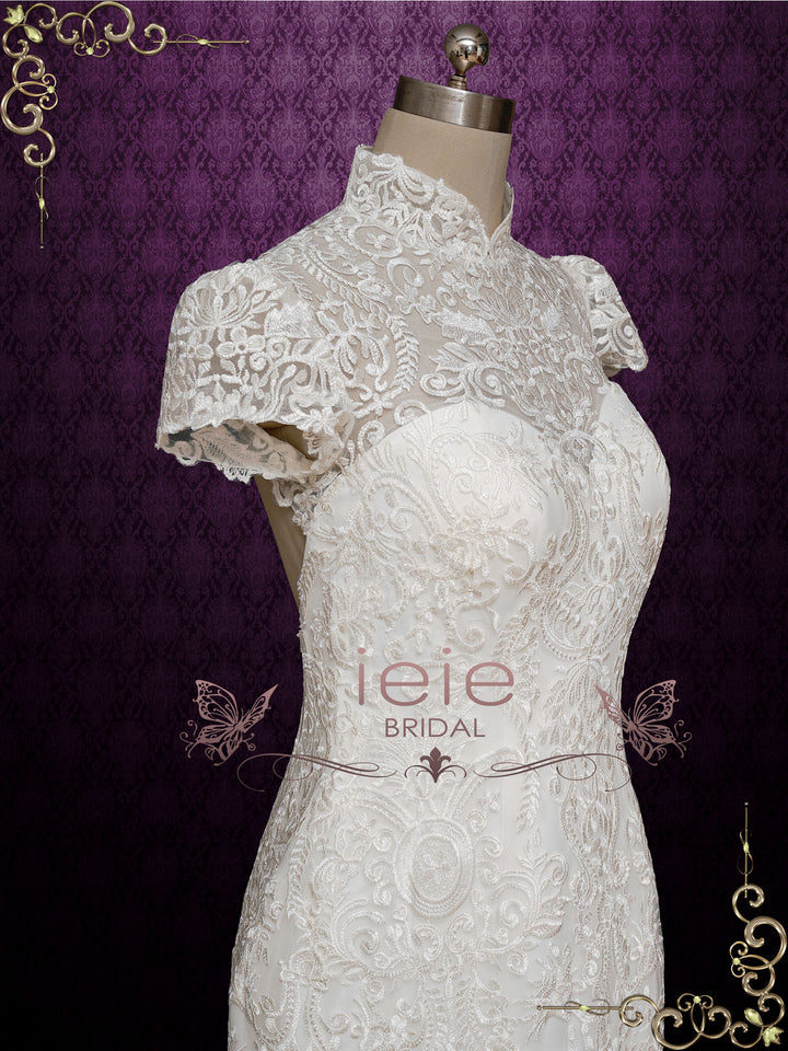 Lace Fit and Flare Wedding Dress with Mandarin Collar ANASTASIA