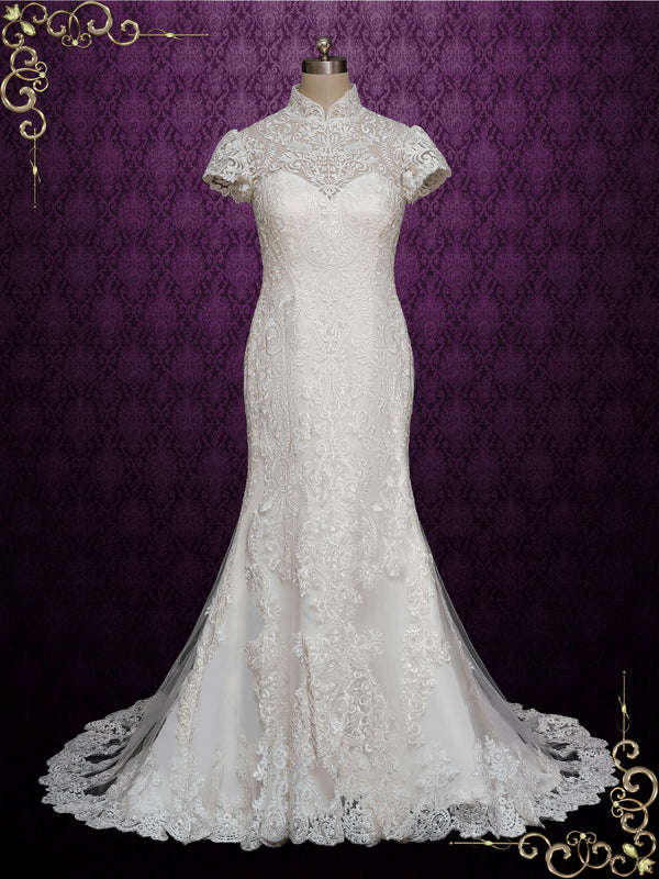 Lace Fit and Flare Wedding Dress with Mandarin Collar ANASTASIA