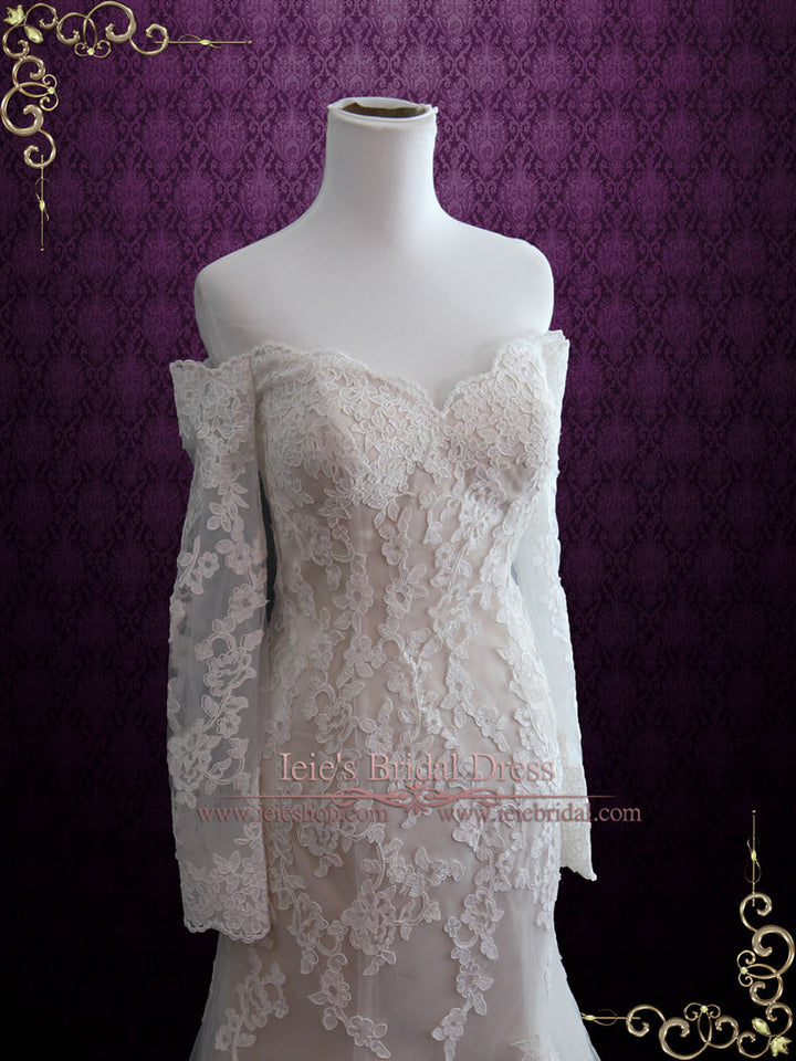 Champagne Vintage Style Lace Wedding Dress with Off Shoulder Long Sleeves MEG