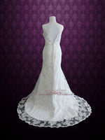 Vintage Style Lace Overlay V Neck Low Back Wedding Dress | Michelene