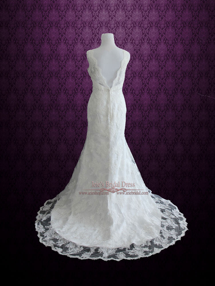 Vintage Style Lace Overlay V Neck Low Back Wedding Dress | Michelene