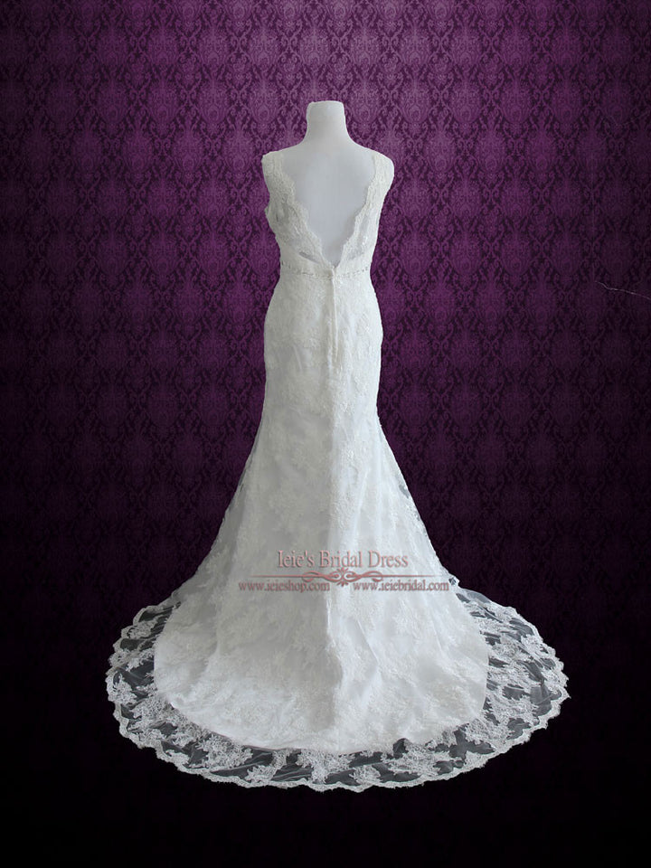 Vintage Style Lace Overlay V Neck Low Back Wedding Dress | Michelene