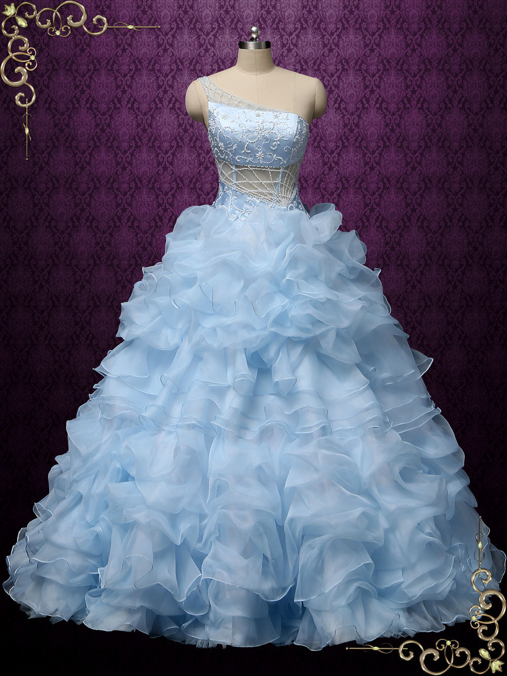 Blue One Shoulder Ruffles Ball Gown Wedding Dress COCO – ieie Bridal