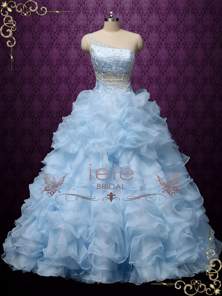 Blue One Shoulder Ruffles Ball Gown Wedding Dress COCO
