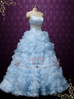 Blue One Shoulder Ruffles Ball Gown Wedding Dress COCO