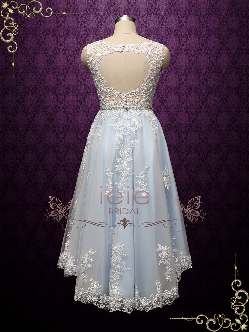 Blue Boho Destination Lace High Low Wedding Dress NELLIE Size 20W / Ivory / Jeweled Sash