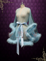 Light Blue Honeymoon Wedding Marabou Fur Edge Boudoir Robe CICI