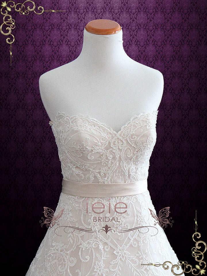 Elegant Lace Strapless A-line Wedding Dress with Sweetheart Neckline | Dahlia