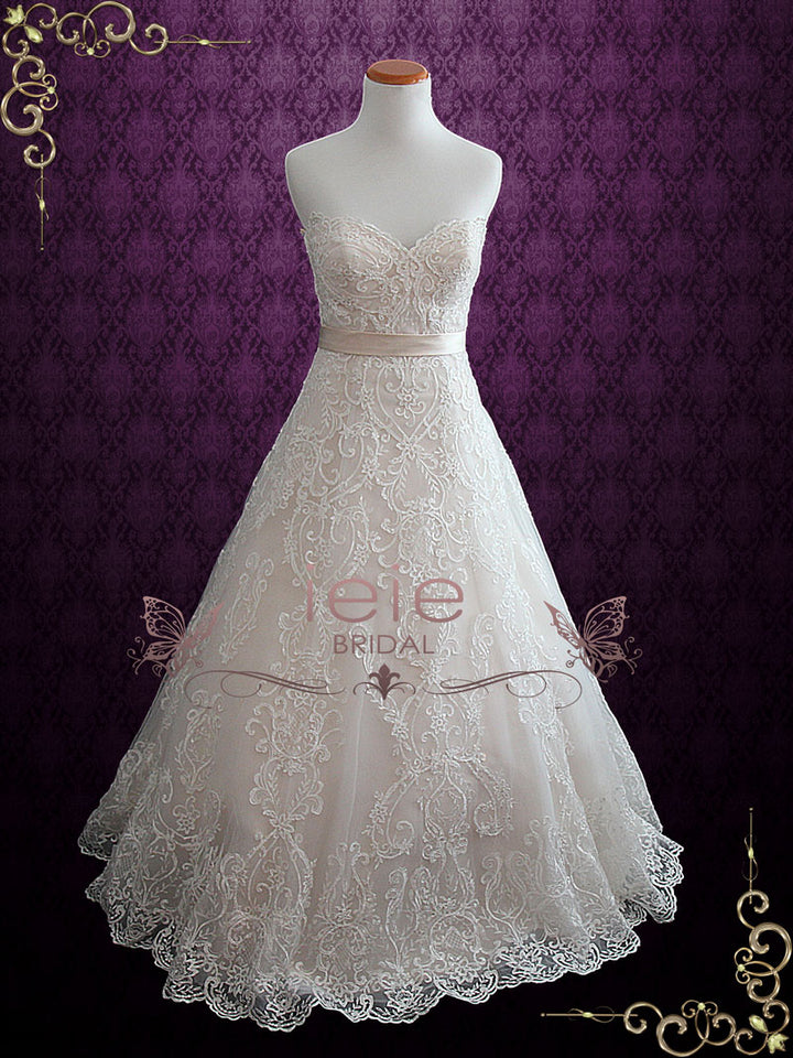 Elegant Lace Strapless A-line Wedding Dress with Sweetheart Neckline | Dahlia