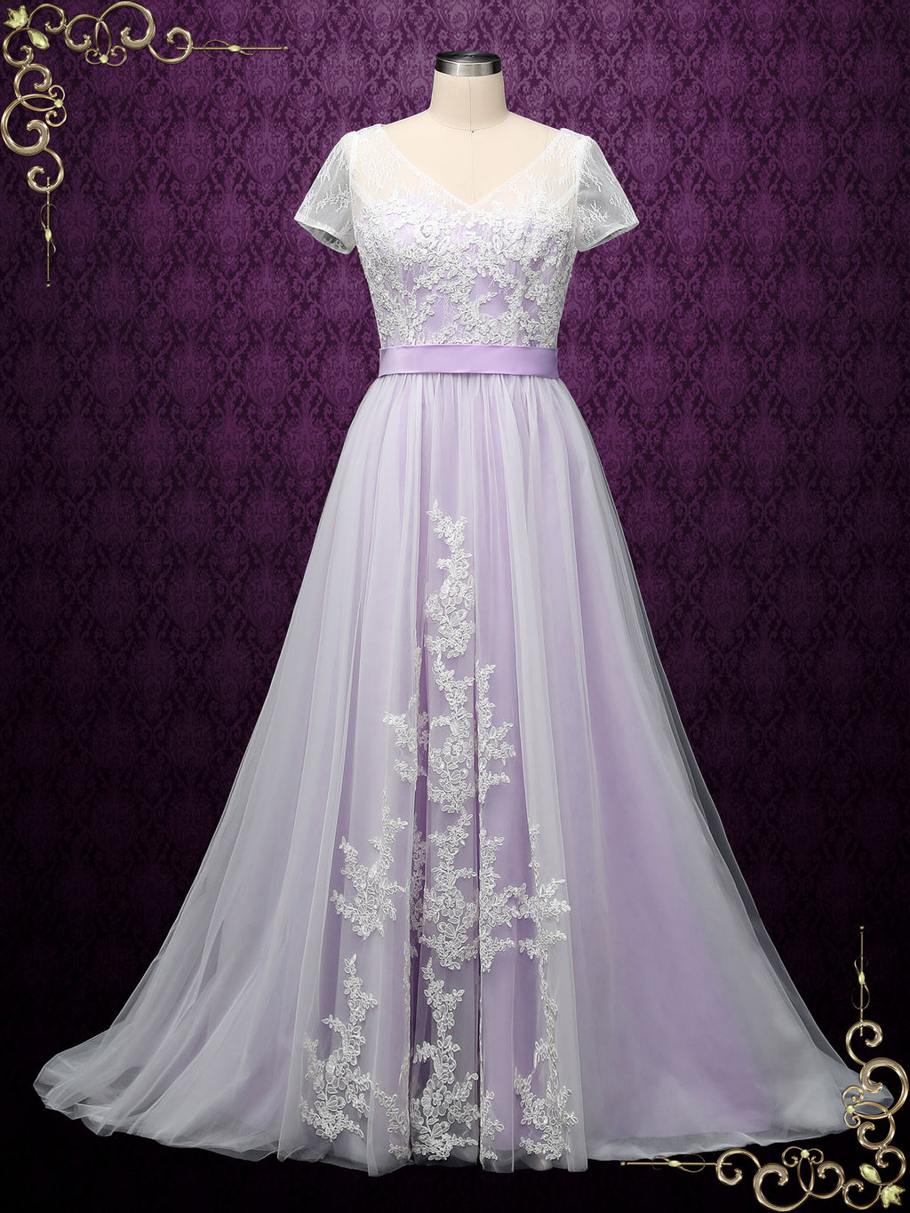 Bohemian Purple Lace Wedding Dress with Short Sleeves HAYLIE Size 4 / Purple