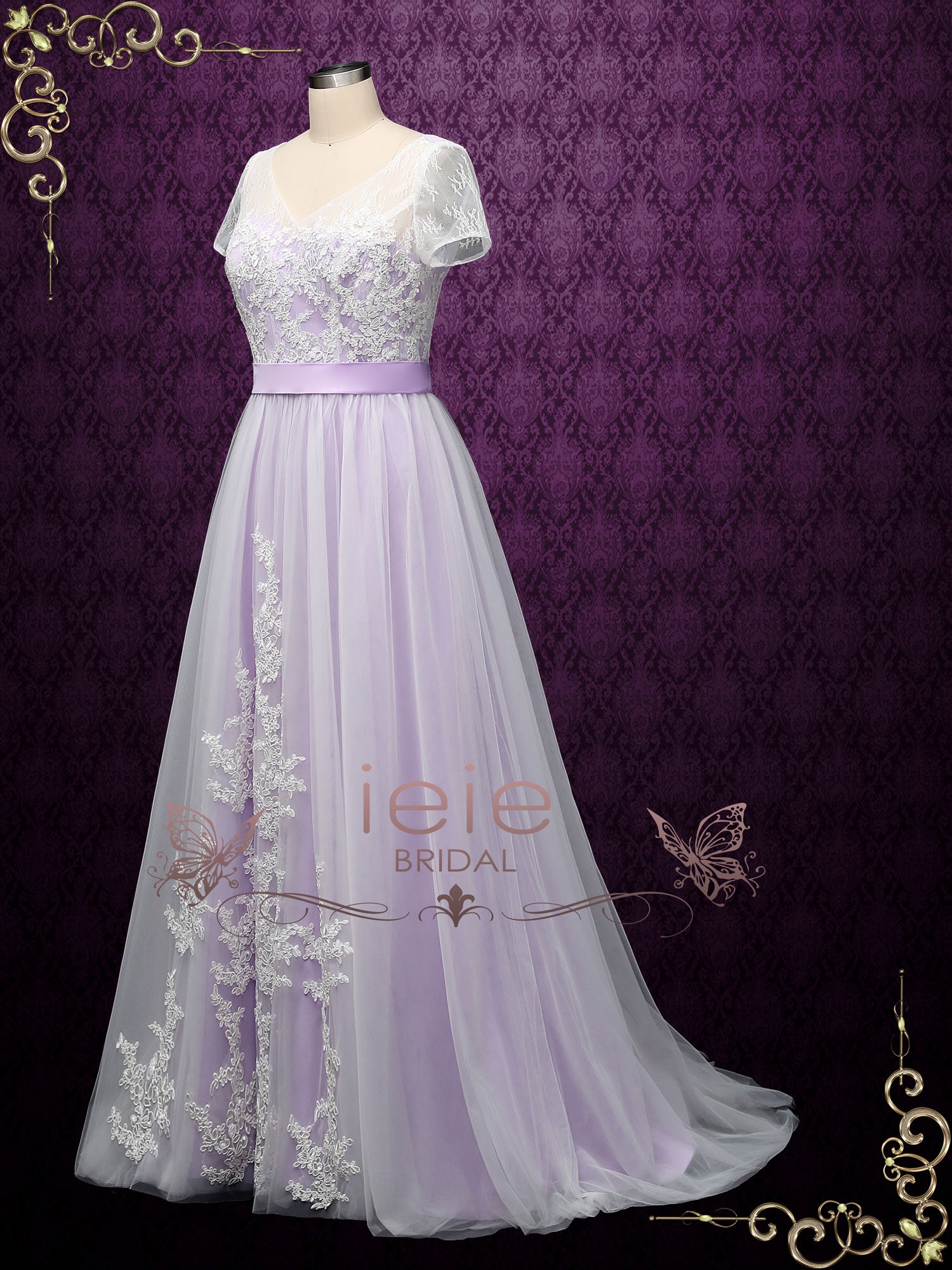 Bohemian Purple Lace Wedding Dress with Short Sleeves HAYLIE – ieie Bridal