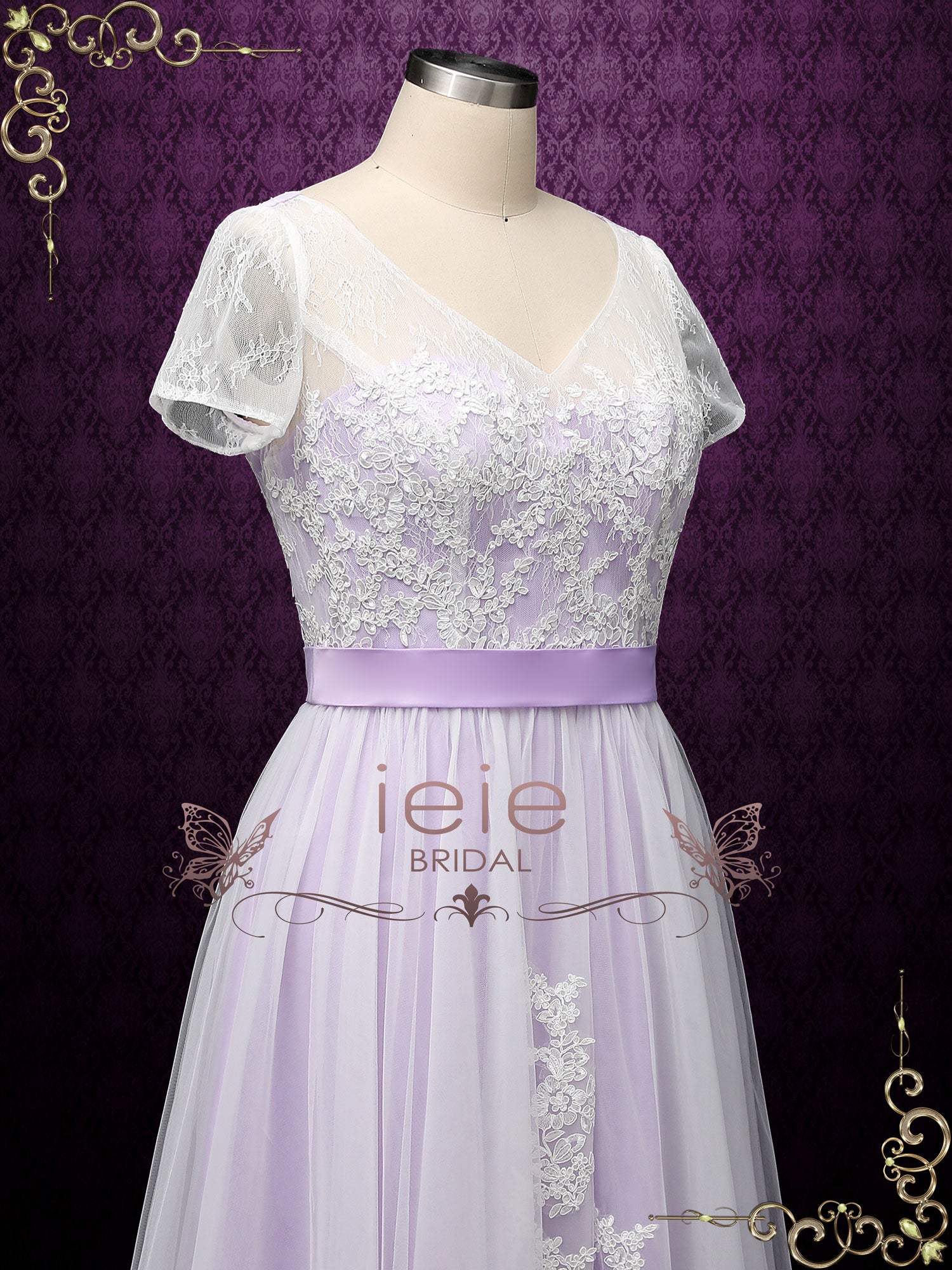Bohemian Purple Lace Wedding Dress with Short Sleeves HAYLIE – ieie