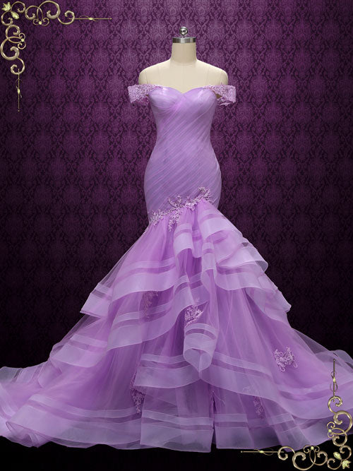 Purple Off Shoulder Mermaid Wedding Dress