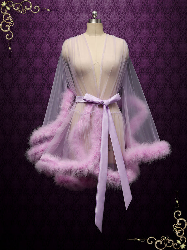 Lilac Purple Honeymoon Wedding Marabou Fur Edge Boudoir Robe CICI