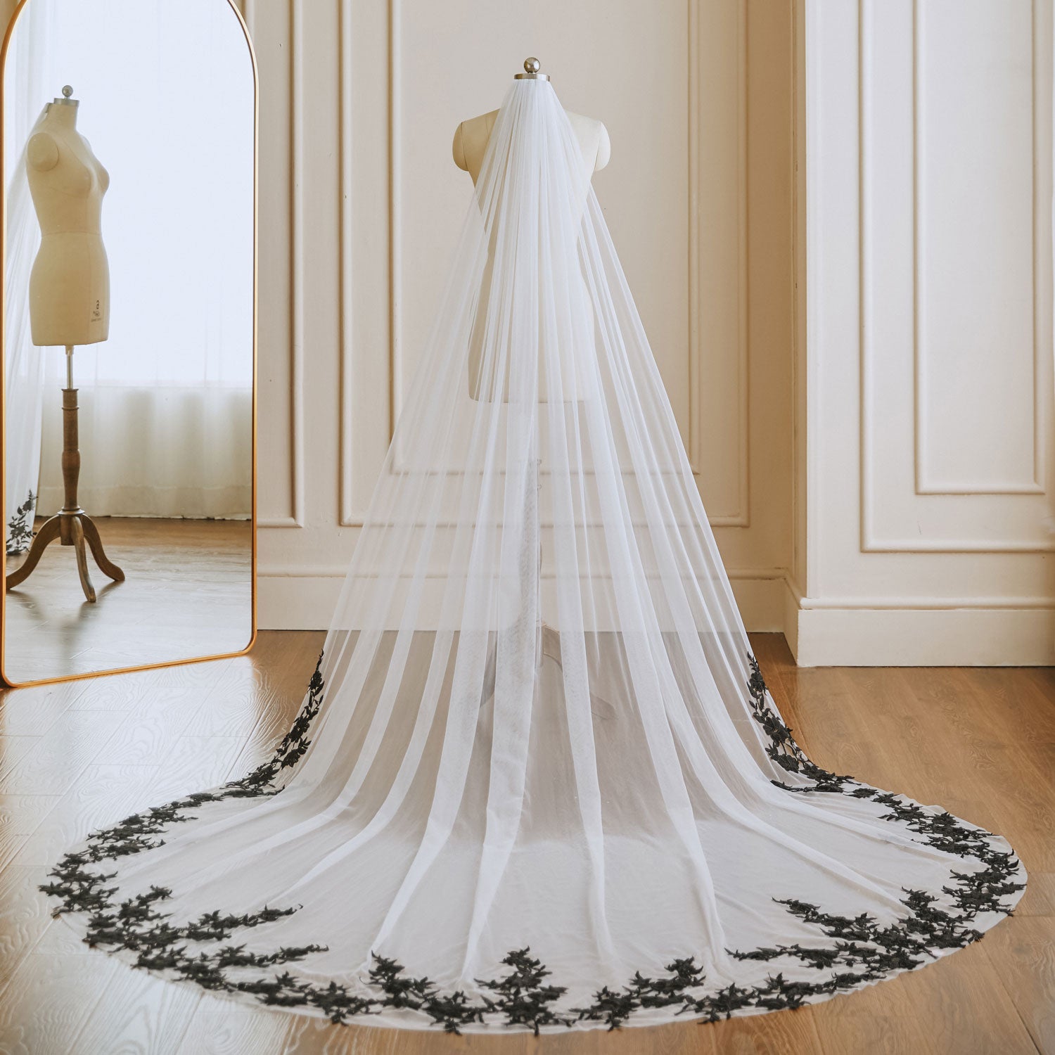 Long White Wedding Veil with Black Lace | VG3044 Chapel