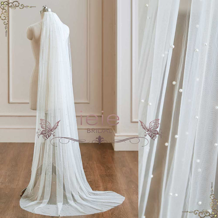 Chic Pearl Beaded Pearl Beaded Wedding Veils One Layer Long/Short Cathedral  Style For Elegant Wedding From Longyida55, $19.85