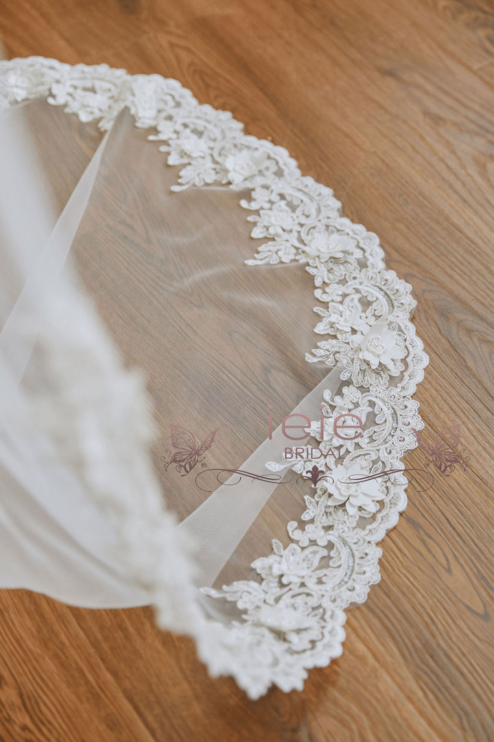 Chapel Length Wedding Veil with 3D Lace from Midway VG3038