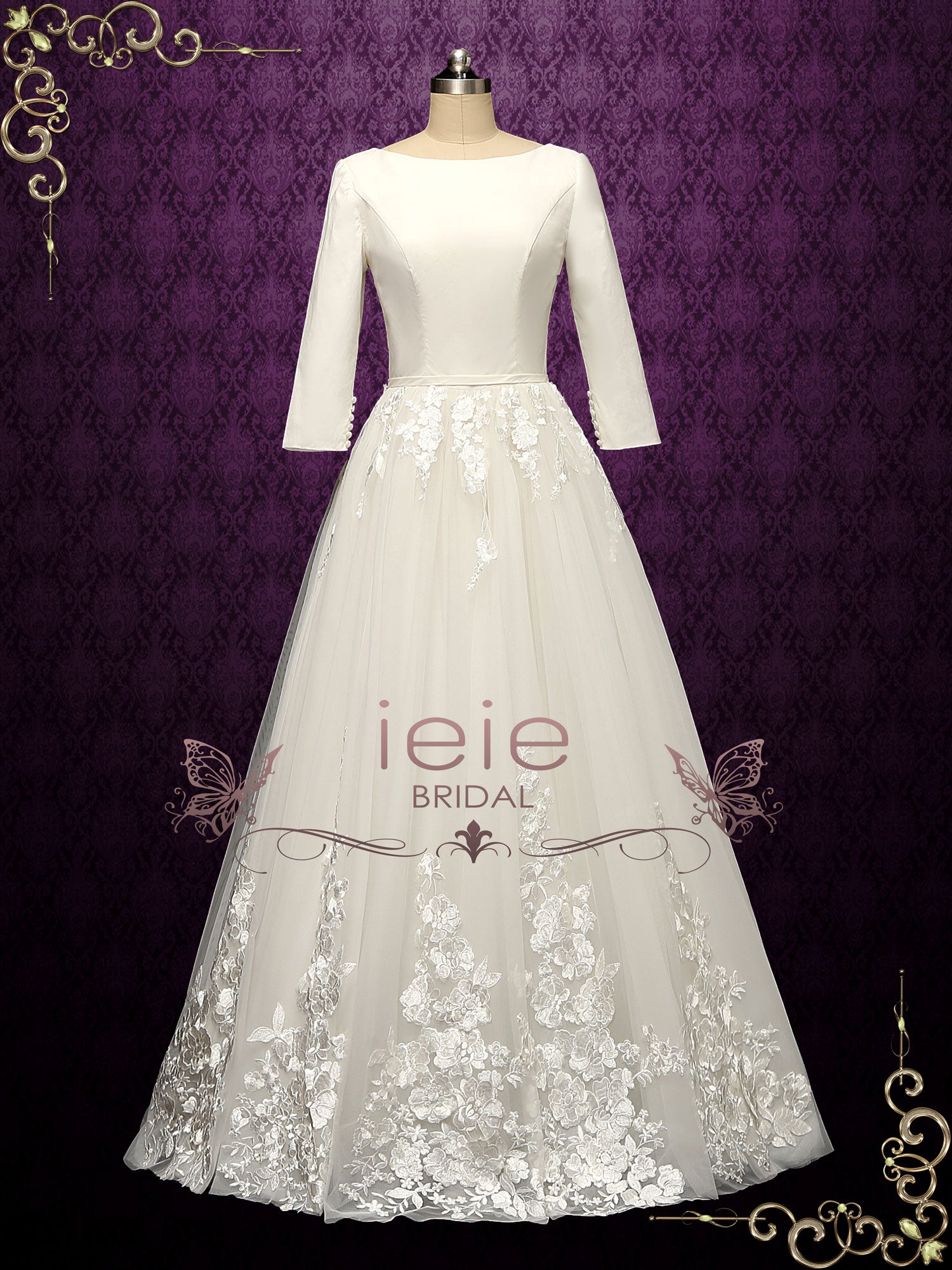 Long Sleeves Wedding Dress with Lace Tulle Skirt SUMMER
