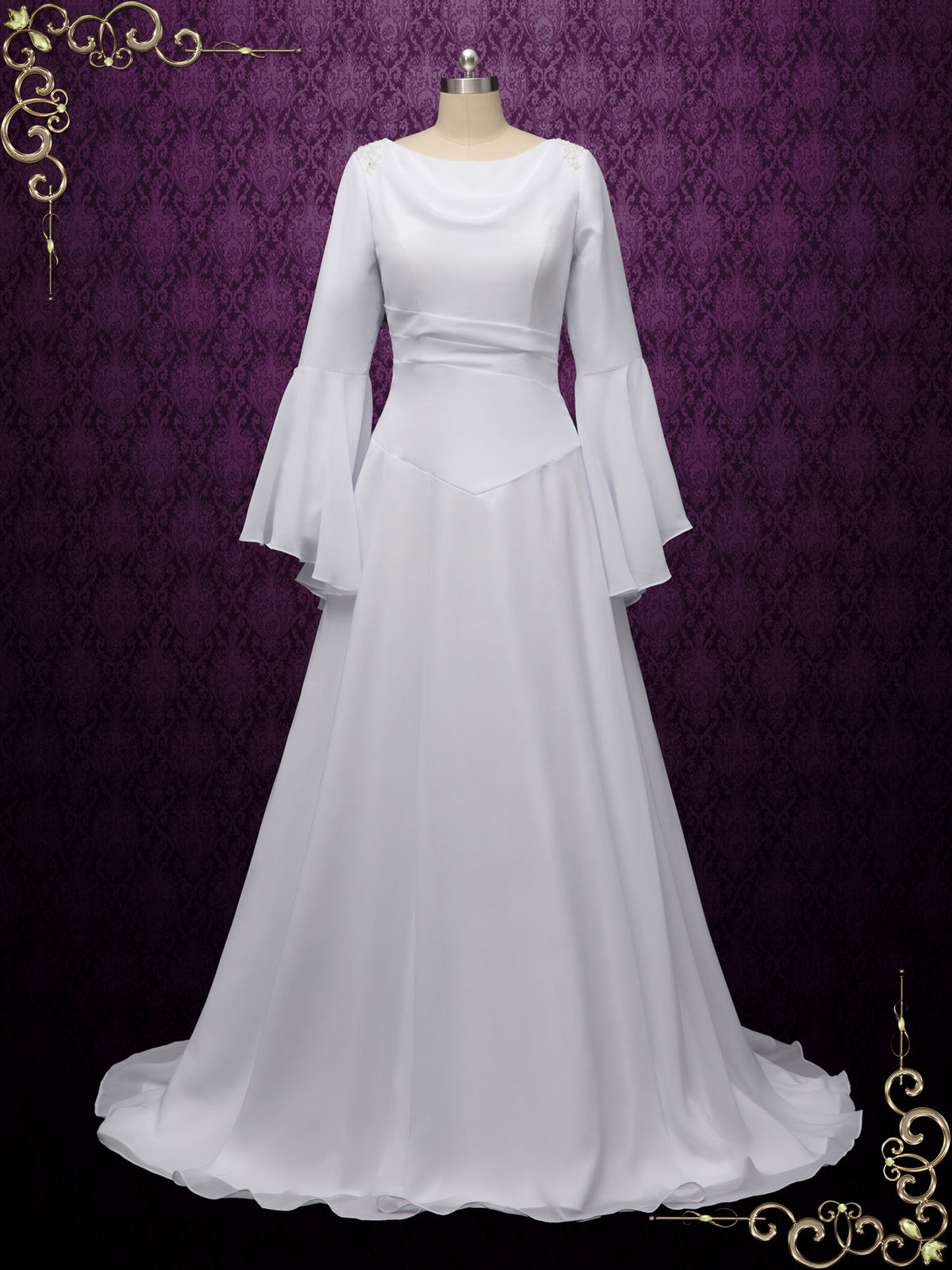 medieval bridesmaid dresses Chiffon Medieval Wedding Dress with Long Sleeves SANCHIA Size 16W / White