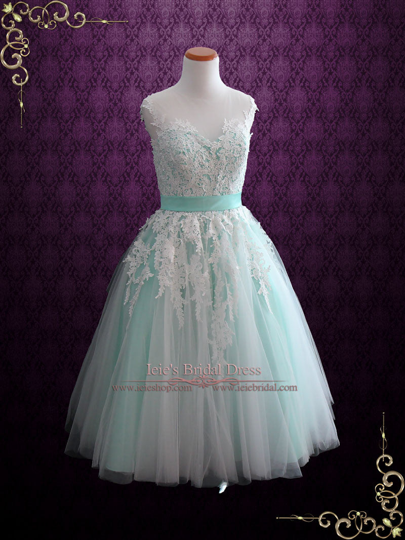 Mint Green Retro Lace Tea Length Prom Formal Dress
