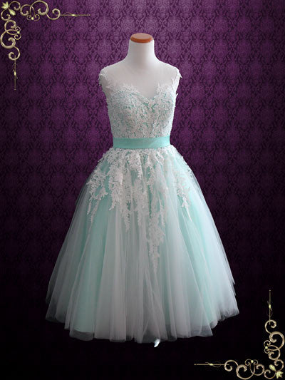 Mint Green Retro Lace Tea Length Prom Formal Dress | Rosalie