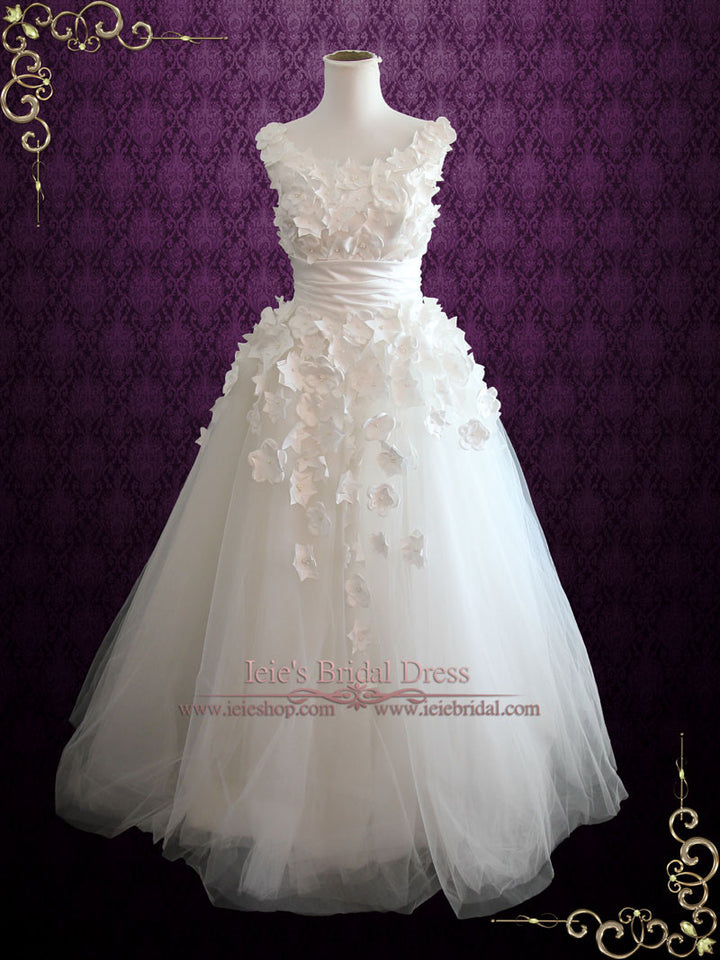 Modest A-line Wedding Dress with Hand made Satin Flowers SNOW
