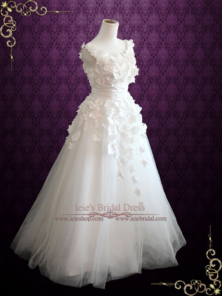Modest A-line Wedding Dress with Hand made Satin Flowers SNOW