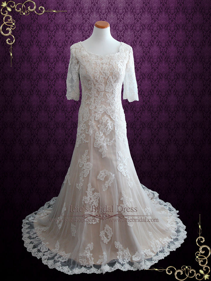 Modest Fit and Flare Lace Wedding Dress | Brooke Size 6 / Champagne Modest Fit and Flare Lace Wedding Dress | Brooke Size 6 / Champagne