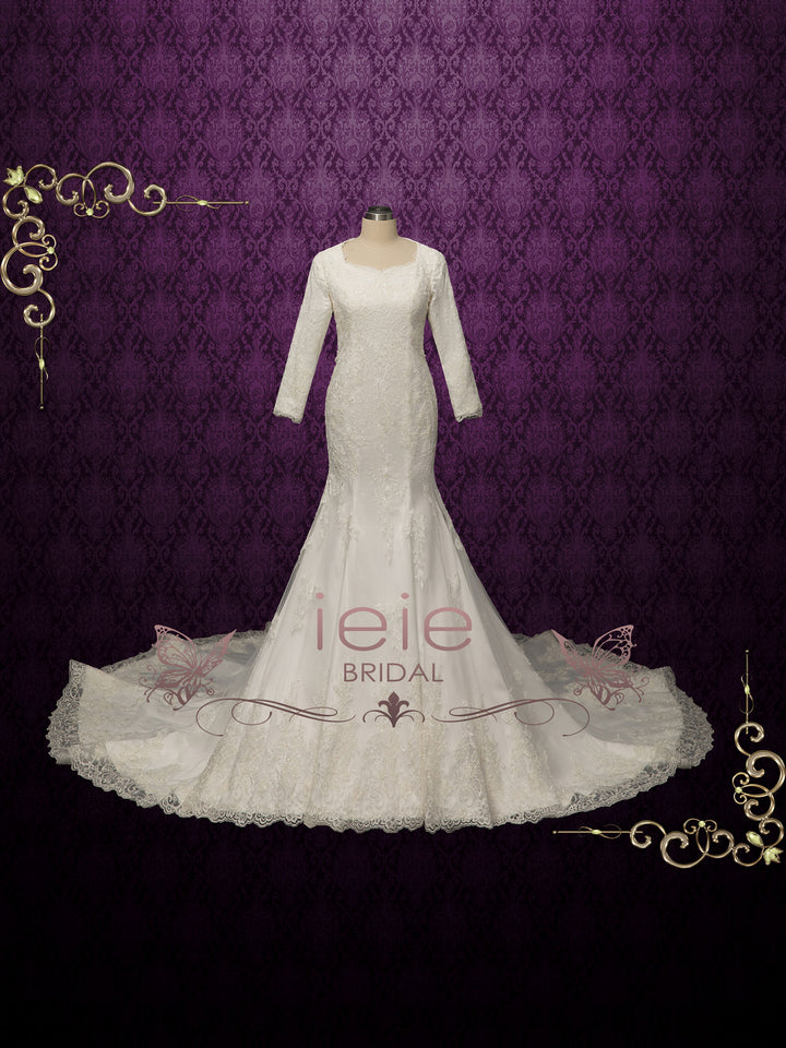 Modest Lace Fit and Flare Wedding Dress KAITYLN Size 4 / White Modest Lace Fit and Flare Wedding Dress KAITYLN Size 4 / White
