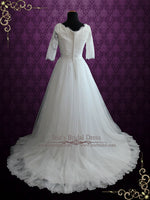 Modest Lace Wedding Dress with Half Sleeves and Tulle Skirt HALLIE