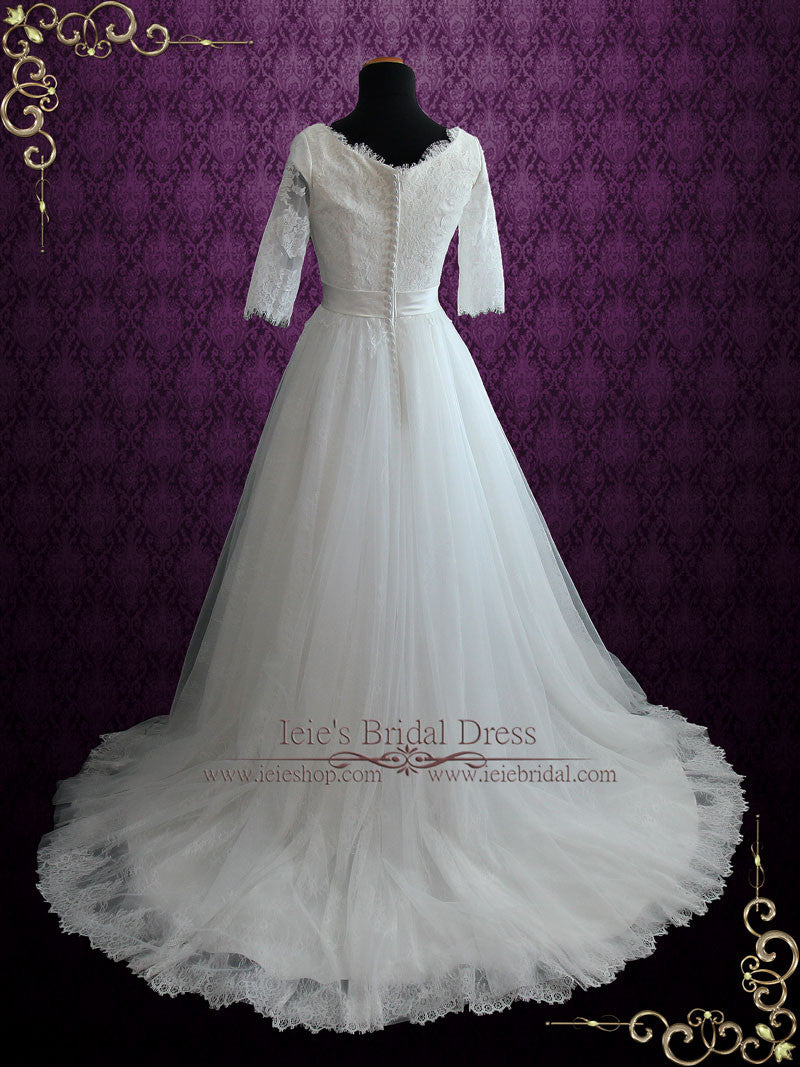 Modest Lace Wedding Dress with Half Sleeves and Tulle Skirt HALLIE
