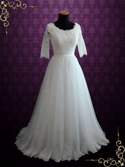 Modest Lace Wedding Dress with Half Sleeves and Tulle Skirt HALLIE