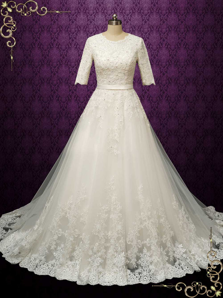 Modest Lace Wedding Dress with Half Sleeves LYA Size 20W / White Modest Lace Wedding Dress with Half Sleeves LYA Size 20W / White