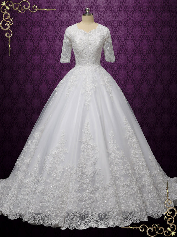 Modest Lace Ball Gown Wedding Dress with Sleeves CHESTER