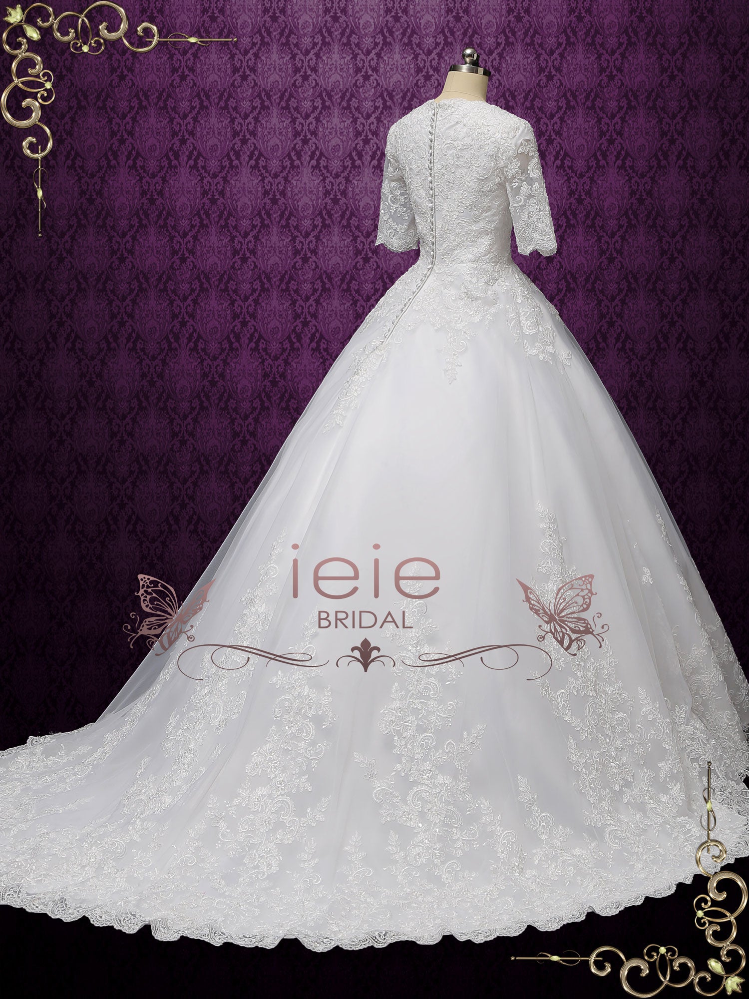 Modest Lace Ball Gown Wedding Dress with Sleeves CHESTER